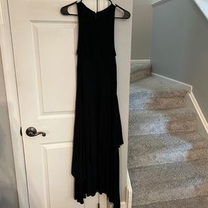 Chelsea28, long black dress, layered fabric, asymmetrical hem